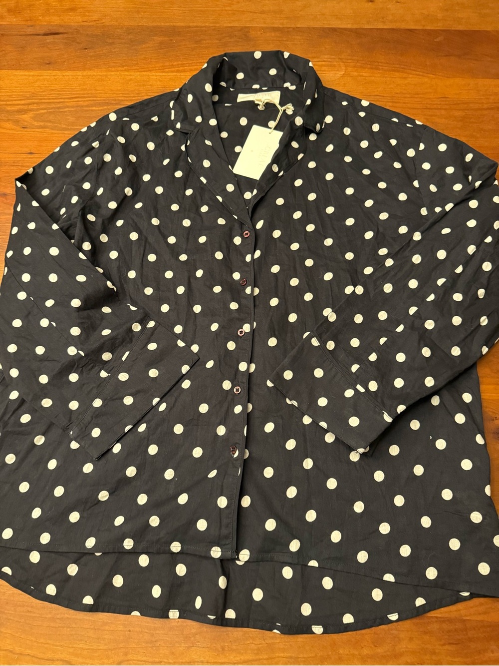 THE GREAT Sleep Pajama Top Black Polka Dot Button-Up Shirt size 2 (Medium) M NWT